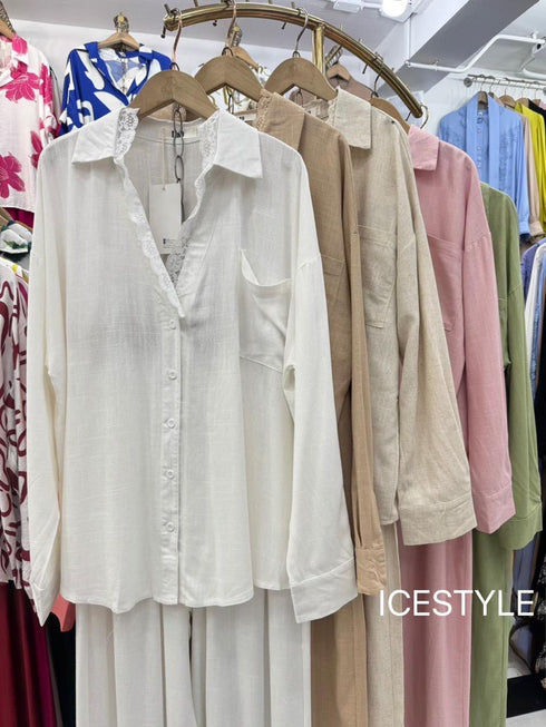 Women Casual Collar Down Lace Decor Shirt With Trouser